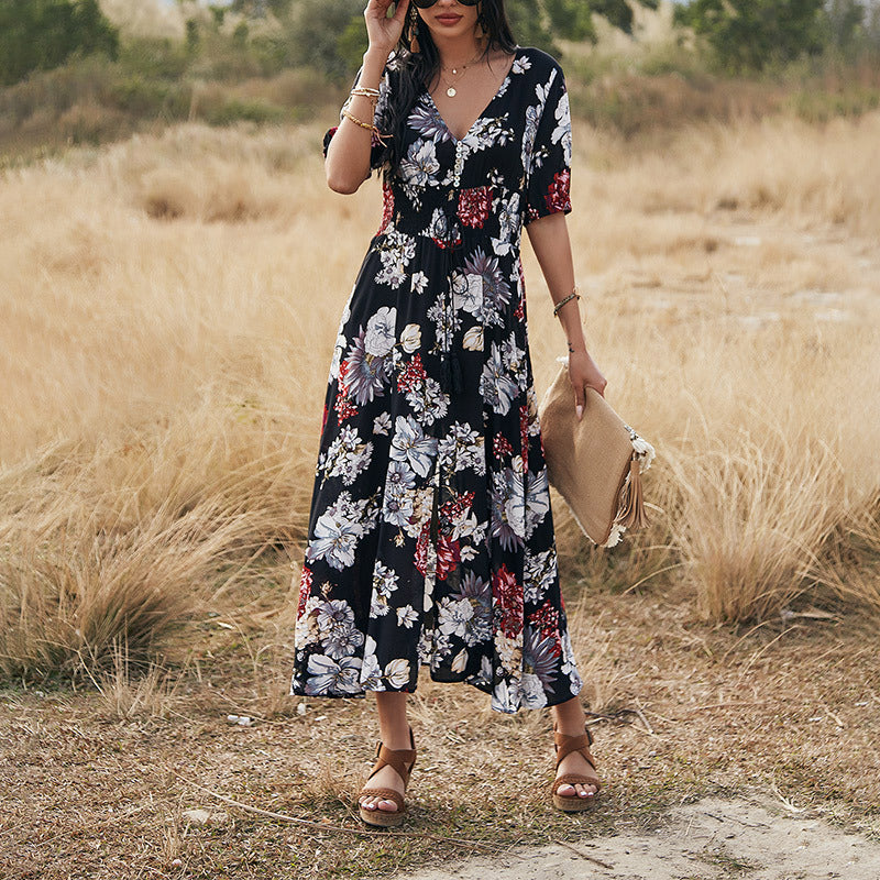 Neck Elastic Waist Dresses Fashion